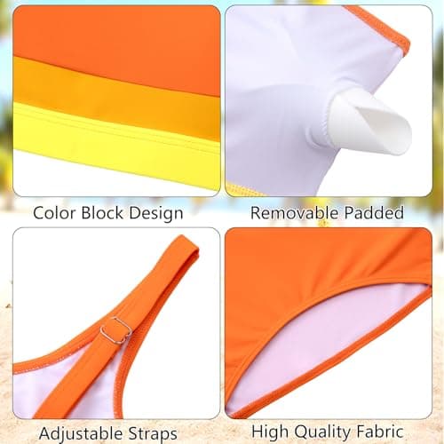 Alakuoti Girls Swimsuit Color Block Adjustable Straps Bikini Sets Teen Girl Two Piece Bathing Suits with Chest Pad Size 16 Orange - Thumbnail 6