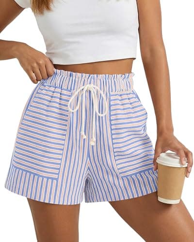 BTFBM Striped Summer Shorts for Women 2026 Loose Spring Casual Elastic Waist Lounge Resort Wear Vacation Beach Shorts(Blue, XX-Large) - Image 1