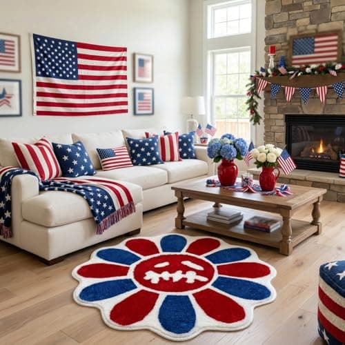 Shovagy Trippy Happy Face Rug 4th of July Bathroom Rugs Patriotic Independence Day Decor Carpet Tufted Quick Dry Non Slip Bath Mats Water Absorbent 3.3FT Red Blue White Bathroom Rugs - Thumbnail 4