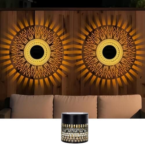 CustomCuddle New Upgrade Solar Mandala Light, Life Wheel Solar Projection Lights Outdoor Waterproof Metal Fence Lights for Yard, Wall, Garden, Patio, Backyard Decoration, Warm Light, 1 Pack