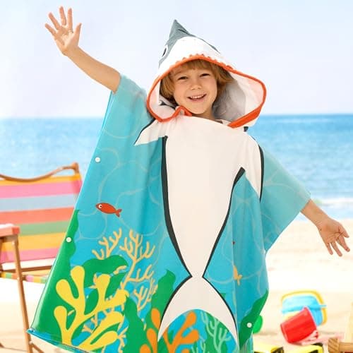 Joiedomi Kids Beach Towels with Hood for 3-10 Years Boys Girls Shark Hooded Toddler Bath Towel Poncho Absorbent Quick Dry Soft Microfiber Swim Robe with Backpack Lightweight 30"x30" for Beach Pool - Thumbnail 5