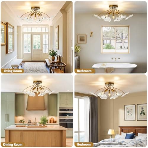 Luvkczc Semi Flush Mount Ceiling Light, Modern Gold Ceiling Light Fixture, Vintage Brass Lighting for Kitchen Entryway Hallway Bathroom Bedroom Foyer, 3 Light E12 Socket - Thumbnail 5