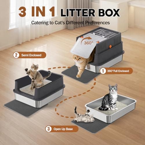 Stainless Steel Litter Box with Lid: Enclosed Cat Litter Box for Small Cats & Kitten, Metal Kitty Litter Pan with High Sided Enclosure, Include Scoop & Mat, Odor Control, Anti-Leakage - Thumbnail 3