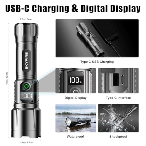 SKYFIRE Tactical Flashlight Rechargeable with Fire Starter, 3000 Lumens Super Bright LED Flashlights for Camping Emergency Home, 5 Modes Zoomable EDC Flash Light with 5000mAh Battery & Power Display - Thumbnail 6
