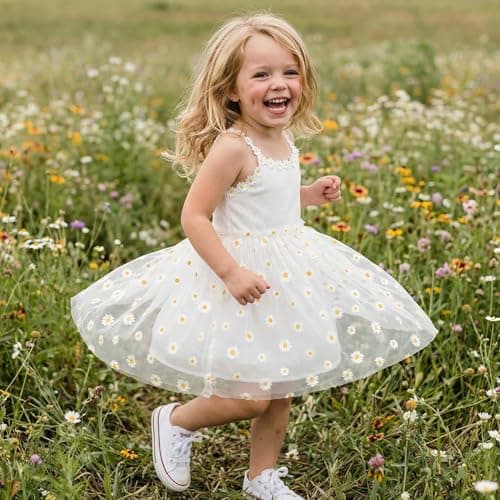 Toddler Girl White Daisy Dress Tulle Layered Easter Sundress Boutique Floral Party Outfit for Little Girls Summer Sleeveless 4-5T - Thumbnail 3
