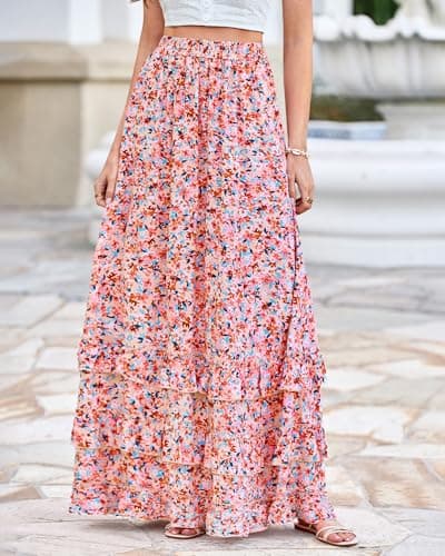 BTFBM Skirts for Women Summer Flowy A-Line Floral Boho Maxi Skirt Long Wedding Guest Dresses Spring Outfits 2026(Floral Pink,X-Large) - Thumbnail 2
