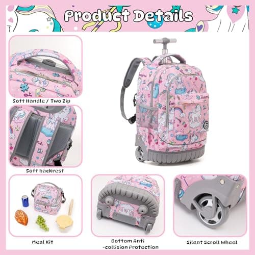 BAMIFEI 18 Inch Unicorn Rolling Backpack for Kids, Unicorn Roller Backpacks Kids Backpack Carry On Wheeled School Backpack, Spacious Multiple Compartments Quiet Wheels Travel Backpack for Girls - Thumbnail 3