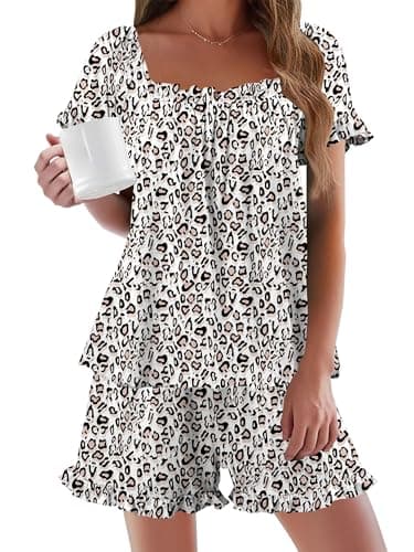 StunShow Shorts Pajama Set Sleep 2 Piece Lounge Women Pajamas Set Shorts Lounge Cute Pj WhiteLeopard XXL - Thumbnail 2