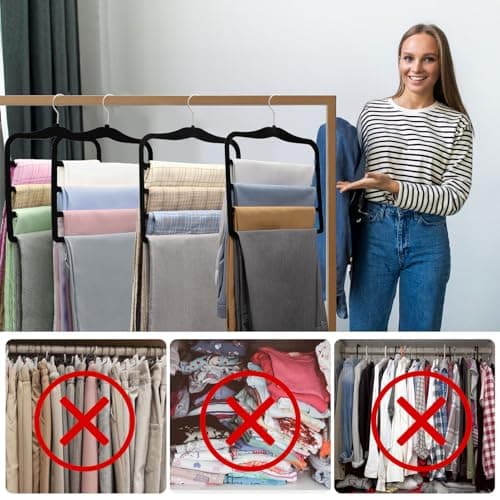Closet Organizers and Storage,2 Pack Pants Hangers Space Saving,Velvet Hangers, Dorm Room Essentials for College Students Girls Boys Guys,Non Slip Organization and Storage Scarf Jeans Hangers - Thumbnail 6