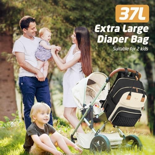 Tonyeee Diaper Bag Backpack - Extra Large Diaper Backpack for 2 Kids Twin, Travel Baby Bags for Mom Dad 25-37L Expandable with Changing Pad, Quilted Beige Black - Thumbnail 3