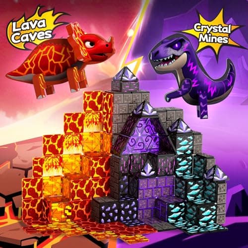 GobiDex Dinosaur Toys Magnetic Tiles Lava Cave Dinosaur World Set - Magnetic Building Blocks for Kids 3-5 5-7 Girls Boys Toys Age 4-6 6-8, STEM Sensory Toddler Birthday Gifts for 3+ Year Old Kids Toy - Thumbnail 2