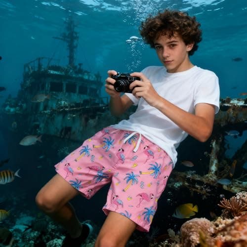 Cozople Swim Short for Boys Swimsuit Swim Trunk Swim Short Flamingo Palm Tree Pineapple Printed Compression Swimwear UPF Stretchy Bathing Suit Size 14-16 - Thumbnail 5