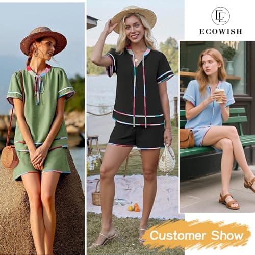 ECOWISH Womens Summer 2 Piece Outfits Babydoll Tops Shorts Sets Cute Loose Fit V Neck Shirts Tracksuits For Beach Vacation Holiday Army Green S - Thumbnail 6
