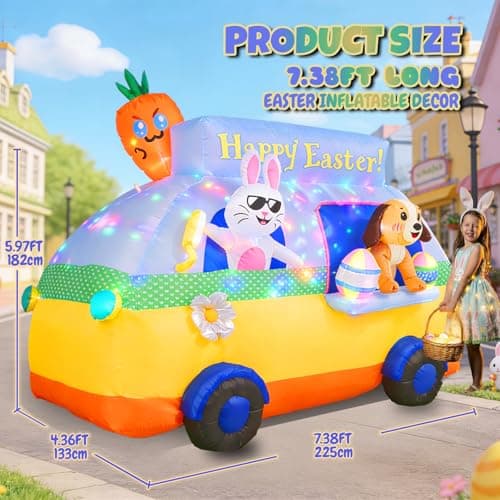 GIFTFIND 7.3FT Long Easter Inflatables Outdoor Decorations - Bunny and Dog Riding Bus, Build-in LED Lights Holiday Blow Up Yard Decoration, for Patio Garden Lawn Party Celebration Decor - Thumbnail 3