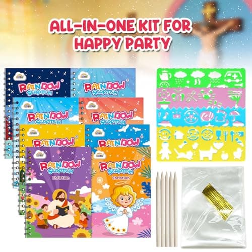 ZMLM Rainbow Scratch Party Favors Kids: Birthday Gifts Toy Bulk Scratch Art Notebook Birthday Goodie Bags Stuffers Girls Boys Art Craft Kit Pads Classroom Prizes School Teacher Return (Christian, 24) - Thumbnail 2