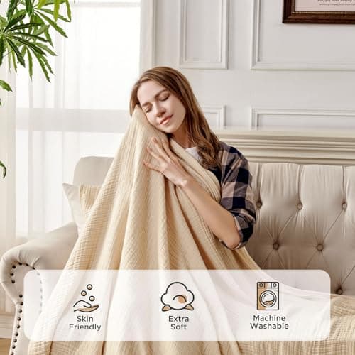 Joydeco 100% Cotton Muslin Throw Blanket for Couch Bed and Sofa, 4-Layer Lightweight and Breathable Soft Gauze Blanket for All Season, Luxury Throws Cotton Blanket Gift(Light Tan, 50"x70") - Thumbnail 3