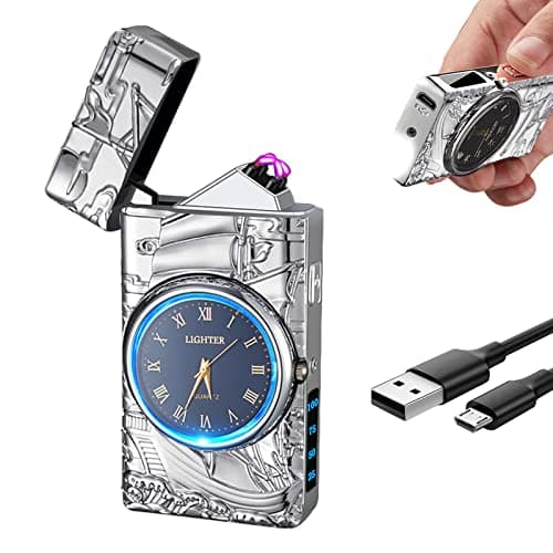 RSBYE Watch Lighter Dual Arc Plasma Electric Lighters USB Rechargeable Lighters with LED Battery Display Cool Lighter with Clock & Flashlight,Unique Gift for Men and Women (Boat Silver) - Image 1