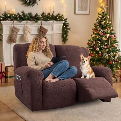 Cushonix Recliner Loveseat Covers,4-Piece Stretch Geometric Strokes Jacquard Reclining Chair Slipcovers,Furniture Protector with Side Pocket,Soft Breathable Couch Cover,2 Seater Chocolate - Thumbnail 5