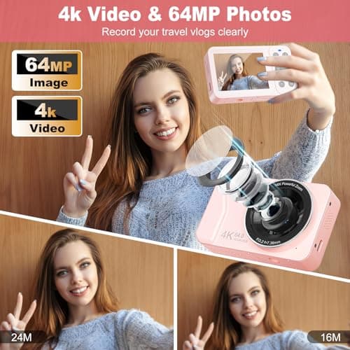 HSZTJJYP Digital Camera, 4K 64MP, 18X Zoom, Point and Shoot with 64GB SD Card & 2 Batteries, Portable Rechargeable Small Camera for Kids Teens Adult, Pink - Thumbnail 2