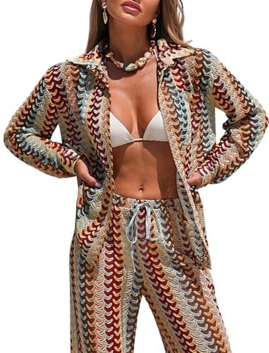 ZAFUL Womens Beach Cover Up Summer Lightweight Cardigans Crochet Boho Swimsuit Cover Up Long Sleeve Cardigans Beach Wear Bronze M - Image 1