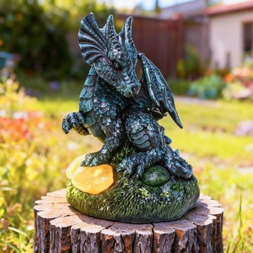 U WONDERFUL Dragon Statue Outdoor Decor, Porch Dragon Statue with Precious Stone Light - 7.8 inch Lawn Ornaments, Perfect Patio Decor & Yard Decorations Outdoor - Image 1
