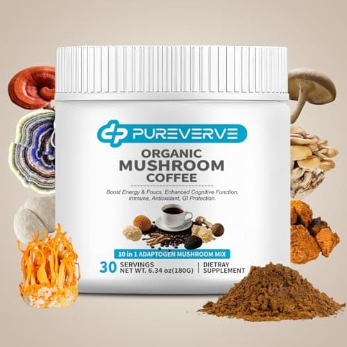 Pureverve Mushroom Coffee, Organic10 Mushroom Extract Powder Blend Lion's Mane, Reishi, Chaga, Cordyceps, Turkey Tail 30 Servings - Image 1