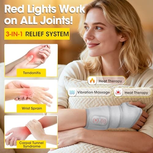 Cordless Wrist Hand Heating Pad Massage for Pain Relief, Rechargeable Heated Wrist Brace for Carpal Tunnel, Red Light Therapy Heated Wrist Massager Wrap for Arthritis - Thumbnail 2