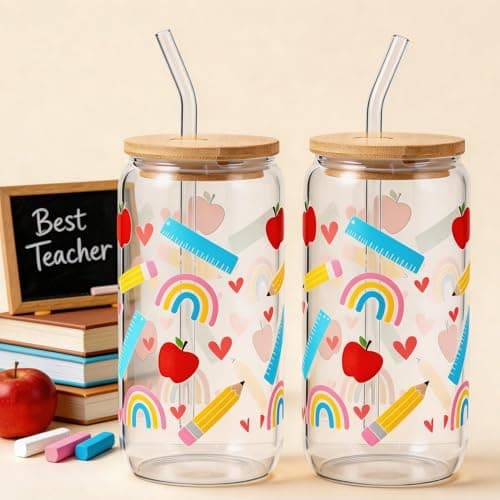 Celebloom Teacher Appreciation Gifts for Women Glass Cup with Lid Straw - Thumbnail 5