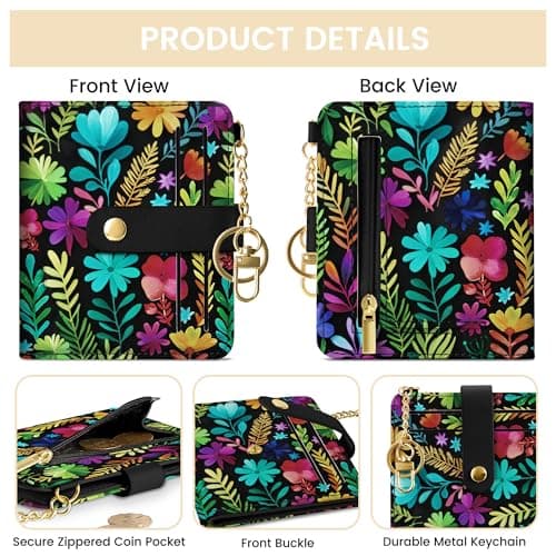 Sodsay Small Slim Wallet Women RFID Blocking, PU Leather Bifold Ladies Wallet with Zipper Coin Pocket, Thin Cute Travel Card Wallets for Girls, Black Garden - Thumbnail 5