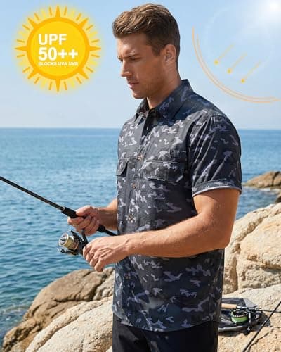 Cozople Men Sun Protection Fishing Shirts Black Camouflage Short Sleeve Button Down UPF 50+ Breathable Outdoor Hiking Shirt for Travel Safari Climbing M - Thumbnail 4