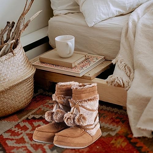 Forfoot House Slippers, Warm Soft Plush Lining Slippers Boots for Women Indoor Anti-Slip Shoes Soft Sole Lace Pom Pom Bedroom Booties Size 9/10 - Thumbnail 3