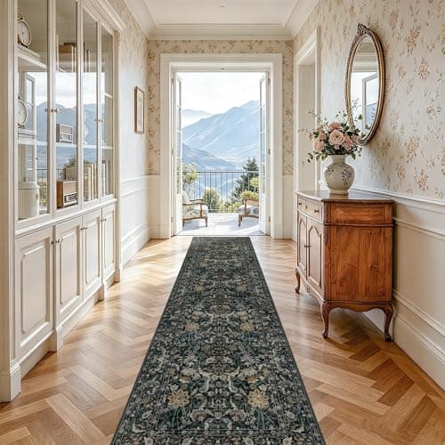 Luxcrest Green 2x8 Runner Rug: Vintage Floral Washable Rugs for Entryway Hallway Bedside Kitchen Indoor - Soft Non-Slip Stain Resistant Low Pile Carpet - Dark Green - Thumbnail 3