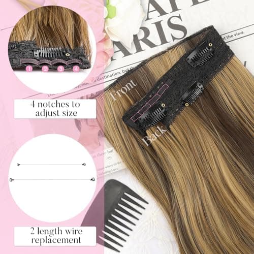 Invisible Wire Hair Extensions with Transparent Wire Adjustable Size 4 Secure Clips Long Wavy Secret Hairpiece 20 Inch for Women(Balayage Chocolate Brown to Caramel Blonde) - Thumbnail 3