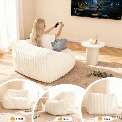 HABUTWAY Bean Bag Chair, Giant Bean Bag Chairs for Adults and Kids, Bean Bag Sofa, Lazy Floor Sofa, Faux Fur Beanbag Chair with Armrests for Living Room Bedroom (Beige) - Thumbnail 5