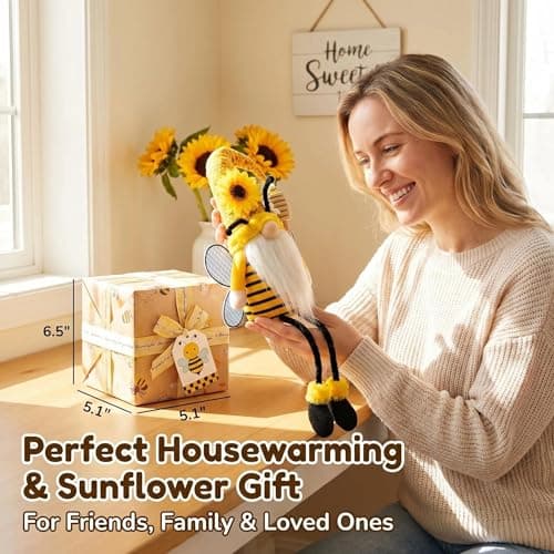 Lovinland Spring Decorations for Home, Office, Indoor - Yellow Honey Bumble Bee Sunflower Plush Gnomes Doll - Summer Gnome Gifts for Women - Bee Stuffed Sitters for Shelf Decor - Thumbnail 3