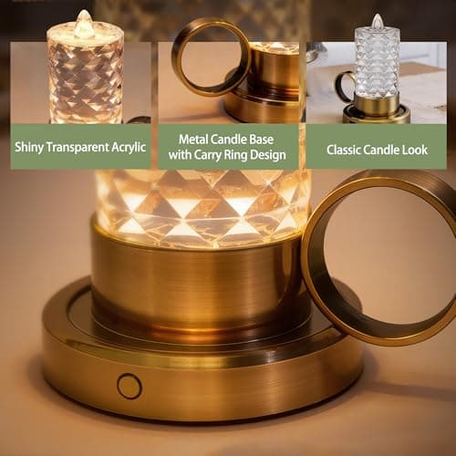 L LOHAS LED Flameless Candles, 3 Level Brightness Adjustable, Rechargeable Battery Candles, 3000K Soft White, Crystal Gold Metal Candles for Easter Valentines Aniversary Wedding, 3.93"x2.95"4.84" - Thumbnail 5