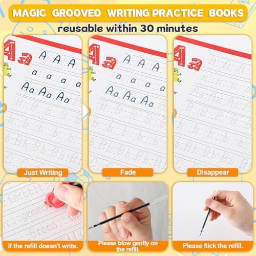 8 Pieces Magic Grooved Writing Practice Books Disappearing Ink Pens Reusable Groove Workbooks Tracing Handwriting Practice Without Tears for Kids Kindergarten Preschool Supplies,10.2 x 7.3inch - Thumbnail 4