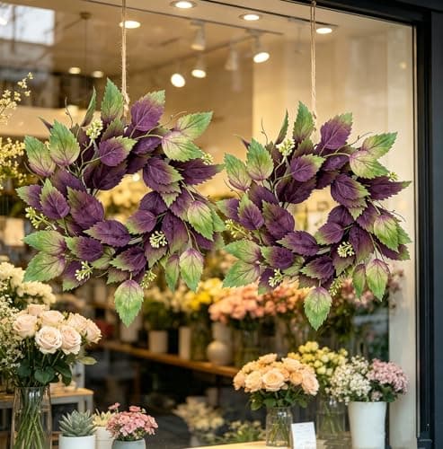 2 Pcs 16" Purple Hibiscus & Eucalyptus Leaf Wreath - Artificial Greenery Candle Ring Wreath for Front Door, Porch, Window, Farmhouse & Home Holiday Decor - All Season Wreath - Thumbnail 6