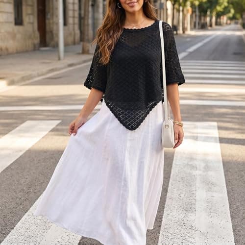Ainangua Womens Summer Sweater Crochet Batwing Sleeve Scalloped Trim Poncho Tops Off Shoulder Hollow Out Shawl Wraps Coverup(Black,M) - Thumbnail 6