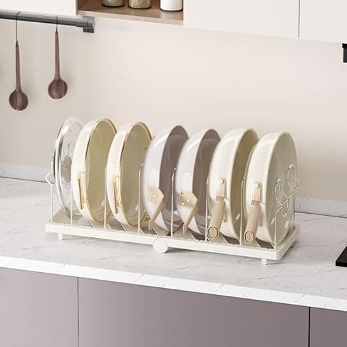 TOMSHUB Foldable Pots and Pans Organizer Under Cabinet, 8 Adjustable Stainless Steel Dividers,28.5" L x 9.1" W x 9.9" H Expanded, Folds Flat, Heavy Duty Kitchen Cabinet Organizer with Lid Holder - Thumbnail 6