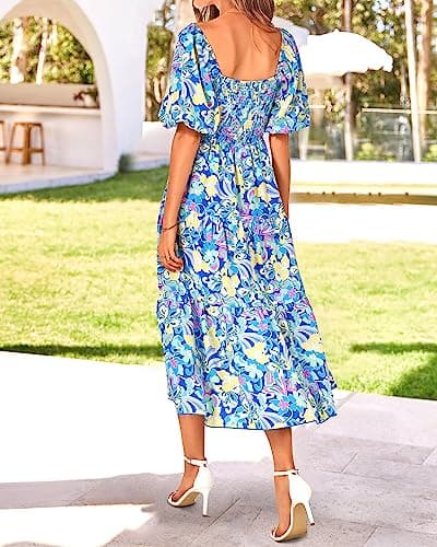 BTFBM Summer Dresses for Women 2026 Spring Outfits Beach Vacation Short Sleeve Smocked Boho Casual Floral Maxi Dress(Print Blue, Medium) - Thumbnail 4