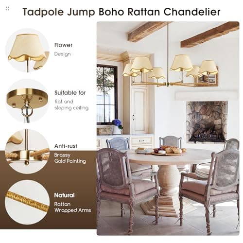 Tadpole Jump 6-Light Farmhouse Chandelier 35.4" Boho Rattan Chandelier with Height Adjustable Dining Room Chandelier for Kitchen Island, Living Room - Thumbnail 6