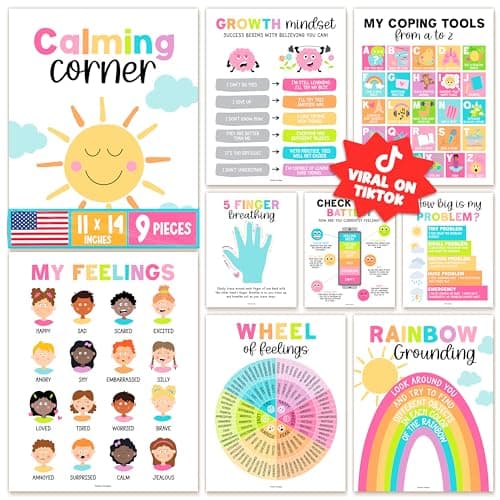 Hadley Designs 9 Calming Corner Posters for Classroom Decor - Feelings Chart for Kids, School Counselor Office Decor, Sensory Calm Down Corner Items Kids, Pastel Homeschool & Daycare Emotions Chart - Image 1