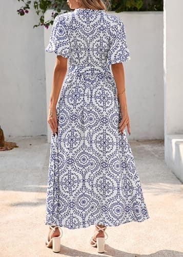 KIRUNDO Women Spring Summer Wedding Guest Boho Floral Maxi Dress Puff Sleeve Button Shirt V Neck Flowy Beach Vacation Dress(Blue, Large) - Thumbnail 2