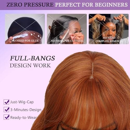 Barbique Orange Synthetic Wig with Bangs, Long Wavy Hair Natural Hairline, Heat Resistant Synthetic Hair, Adjustable Straps, Perfect for Work Party Daily Use Beginner Friendly - Thumbnail 4