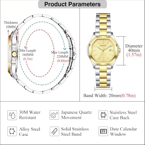 KNISKRED Business Watch for Men with Luminous Scale and Solid Stainless Steel Band Mens Calendar Watch (Silver Gold) - Thumbnail 5