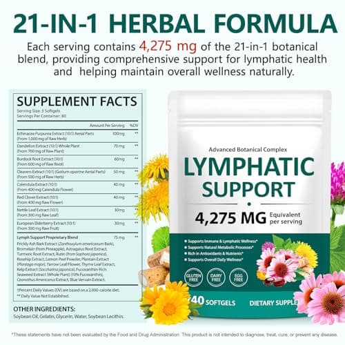 Organic Lymphatic Drainage Supplements 4275mg | 21-in-1 Herbal Blend with Echinacea, Dandelion, Burdock Root & Red Clover | Lymphatic Support Capsules for Immune Health & Fluid Balance | 240 Softgels - Thumbnail 4