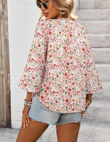 LOOKBOHO Womens 3/4 Sleeve Tops Dressy Casual Boho Blouses Ruffle Sleeve Button V-Neck Business Tops White&Red XL - Thumbnail 3