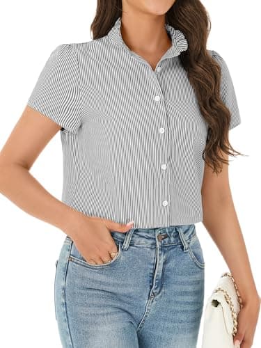 Funlingo Women's Striped Button Down Shirts Short Sleeve Ruffle Collar Work Blouses Fashion 2026 Spring Business Casual Tops Summer Clothes Black White 2XL - Thumbnail 3