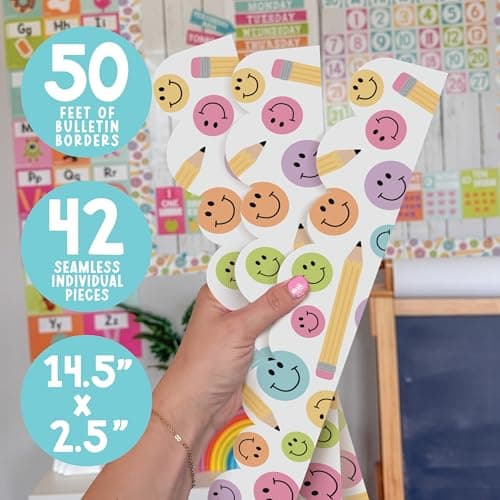 50ft Bulletin Board Borders Trim - Classroom Borders for Bulletin Board Decorations, Teacher Supplies for Classroom Decor Preschool, Kindergarten & Elementary, Smiley Scalloped Boarders - Thumbnail 4